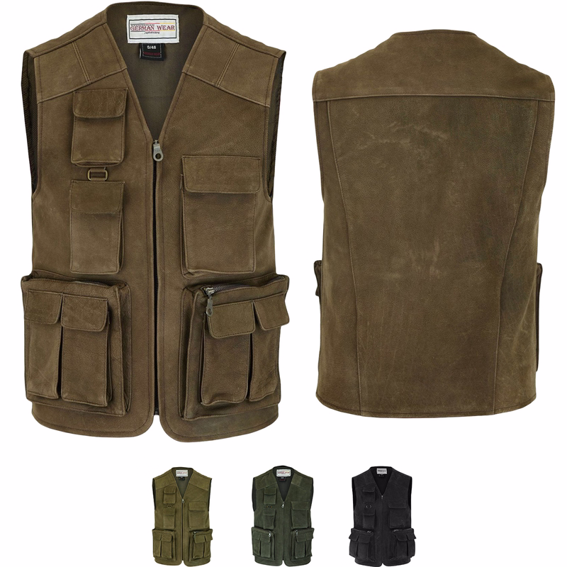 Herren-Jagdlederjacke in Schwarz Front- und Rückansicht einer Herren-Jagdweste aus dunkelbraunem Nubukleder. Das ärmellose V-Ausschnitt-Design verfügt über einen Frontreißverschluss und aufgenähte Taschen, ergänzt durch ein weiches Polyesterfutter für angenehmen Tragekomfort.