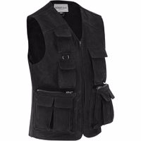 Herren-Jagdlederjacke in Schwarz Seitenansicht einer deutschen Jagdweste mit Frontreißverschluss, aus weichem, bequemem Material und Polyesterfutter. Ärmelos, V-Ausschnitt, mit aufgenähten Taschen – ideal für Angeln und Outdoor-Aktivitäten.