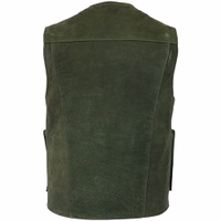 Herren-Jagdlederjacke in Schwarz Rückansicht einer Herren-Jagdweste mit aufgenähten Taschen, Frontreißverschluss, aus Nubukleder mit Polyesterfutter. Das ärmellose Design verfügt über Aufhängeschlaufen – ideal für Angler. Jetzt online kaufen!
