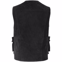 Herren-Jagdlederjacke in SchwarzHerren-Jagdlederjacke in Schwarz Rückansicht einer schwarzen Jagdweste mit V-Ausschnitt, ärmellosem Stil und großen aufgenähten Taschen. Die Weste verfügt über einen Frontreißverschluss, Aufhängeschlaufen und ein Polyesterfutter.