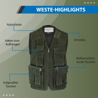 Herren-Jagdlederjacke in Schwarz Herrenweste aus dunkelgrünem Nubukleder mit Frontreißverschluss und V-Ausschnitt. Weich und bequem, mit aufgenähten Taschen und integrierter Innentasche für zusätzlichen Komfort. Mit langlebigem Polyesterfutter versehen.