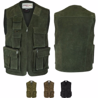 Herren-Jagdlederjacke in Schwarz Front- und Rückansicht einer dunkelgrünen Leder-Jagdweste. Die ärmellose Weste aus 100 % Nubukleder verfügt über einen Frontreißverschluss, Aufhängeschlaufen und ein komfortables Polyesterfutter.