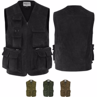 Herren-Jagdlederjacke in Schwarz Front- und Rückansicht einer schwarzen Jagdweste mit Frontreißverschluss, Aufhängeschlaufen und weichem, bequemem Stoff. Die Weste verfügt über aufgenähte Taschen, Polyesterfutter und ein V-Ausschnitt-Design für zusätzlichen Stil.