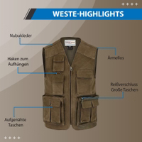 Herren-Jagdlederjacke in Schwarz Dunkelbraune Herren-Jagdweste aus Leder mit Frontreißverschluss, integrierter Innentasche und aufgenähten Taschen. Das weiche, bequeme Design mit V-Ausschnitt und langlebigem Polyesterfutter ist ideal für Outdoor-Abenteuer.