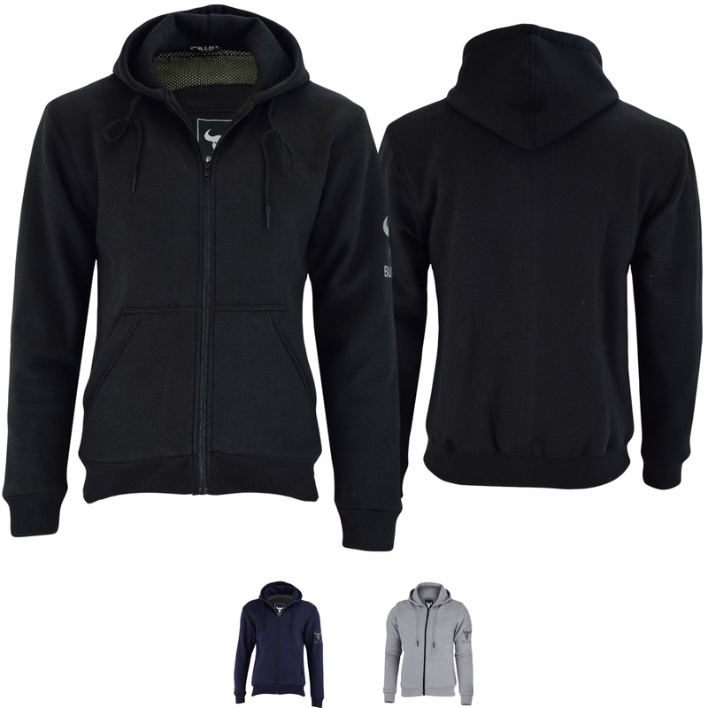 Motorrad-Hoodie mit Aramid-Protektoren Vorder- und Rückansicht – Herren-Motorrad-Hoodie in Marineblau. Bietet umfassenden Schutz mit Protektoren an Armen, Schultern, Vorder- und Rückseite. Die vollständige Beschichtung mit Aramidfasern erhöht Langlebigkeit und Sicherheit.