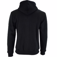 Rückansicht – Herren-Motorrad-Hoodie in Schwarz mit maschinenwaschbarer Kapuze und durchgehendem Reißverschluss. Ergänzt durch zwei Außentaschen mit Reißverschluss sowie eine Innentasche für zusätzlichen Komfort.