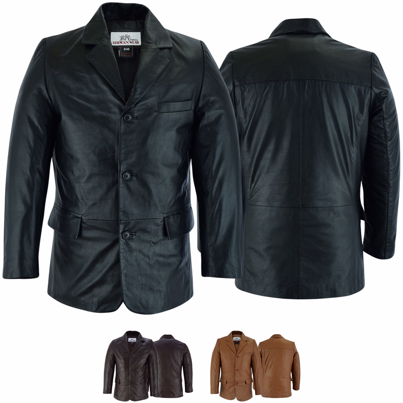 Front view of a men's blazer crafted from premium lamb Nappa leather. This genuine leather jacket combines style and comfort, featuring a classic button closure, structured collar, and practical pockets. Perfect for formal or smart-casual occasions. Front and rear view of a premium black men's leather blazer. Crafted from the finest lamb Nappa leather, this soft and luxurious jacket ensures exceptional comfort and style. Features a classic tailored fit with button closure and practical pockets. Also a