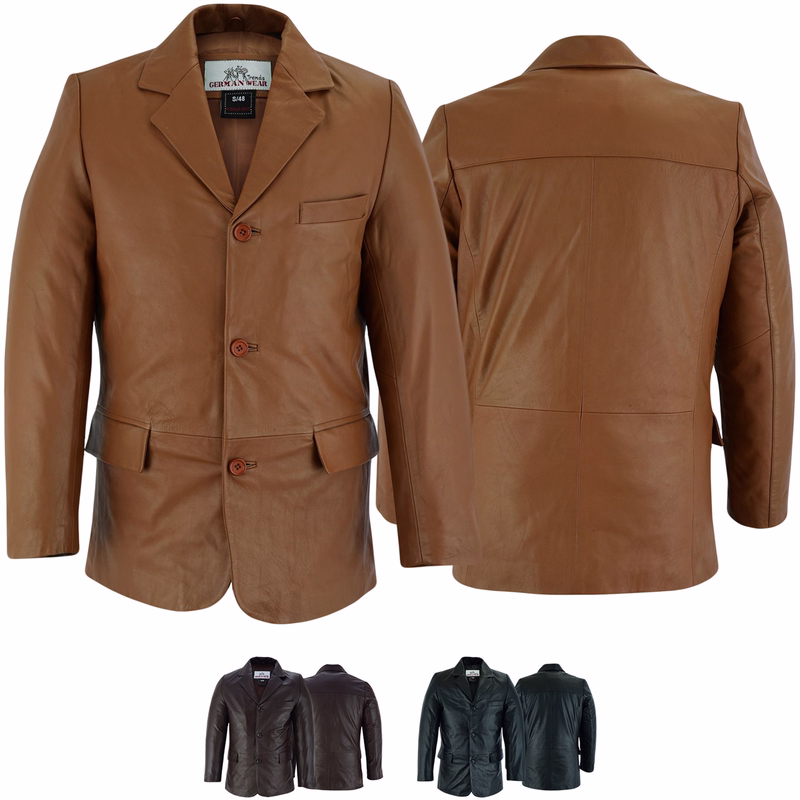 Men blazer lamb Nappa genuine leather jacket Front and rear view of Black premium Men's blazer Leather Blazer. Very soft material, made from the finest lamb nappa leather, this custom-made jacket offers high comfort and style. Available in dark brown, black, and caramel. Great design