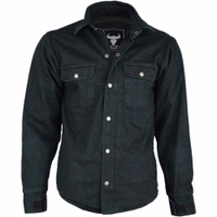 The black men's motorcycle shirt boasts a lumberjack design with arm protector, featuring a stylish front view, zipper closure, and several pockets, including roomy front ones.