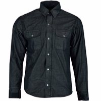 The black motorcycle shirt for men features a rugged lumberjack design with built-in arm protectors. It includes a sleek front view, a zipper closure, and multiple pockets, including spacious front ones.