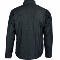 Back view of a men’s black motorcycle shirt. The shirt features protective gear for the shoulders, elbows, and arm protector, along with adjustable waist and cuffs for a customized fit.