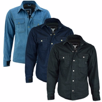 The dark blue men's motorcycle shirt has a full zip, buttons, long sleeves, and protective padding. The sky blue variant features a zipper closure, multiple pockets, and adjustable waist/cuffs. The black lumberjack-style shirt includes arm protectors.