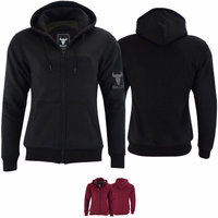 Ladies Motorcycle Hoody in black Presenting both front & back views, ensures comprehensive protection with protectors on arms, shoulders, front, and back. Its complete coating with aramid fibers enhances durability and safety