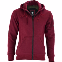 The front view of ladies' Motorcycle hoodie in Red reveals its numerous protectors. This hoody is comprised of three layers: an outer material of 100% cotton, a middle layer of aramid fibers, and an inner layer of polyester mesh