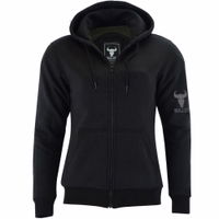 The front view of ladies' Motorcycle hoodie in black reveals its numerous protectors. This hoody is comprised of three layers: an outer material of 100% cotton, a middle layer of aramid fibers, and an inner layer of polyester mesh