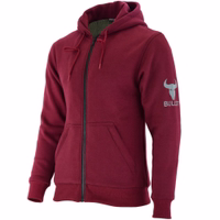 Ladies' Red motorcycle hoodie jacket side view. Equipped with Kevlar lining for impact protection. Features numerous approved protectors for comprehensive safety on arms, chest, shoulders, and back