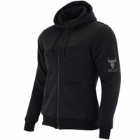 Ladies' black motorcycle hoodie jacket side view. Equipped with Kevlar lining for impact protection. Features numerous approved protectors for comprehensive safety on arms, chest, shoulders, and back