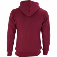 In its rear view, the women's motorcycle hoodie in Red showcases a machine-washable hood that closes with a zipper throughout. It also includes two outside pockets with zippers and one inside pocket for added convenience