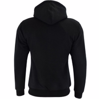 In its rear view, the women's motorcycle hoodie in black showcases a machine-washable hood that closes with a zipper throughout. It also includes two outside pockets with zippers and one inside pocket for added convenience