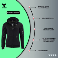 This black ladies’ hoodie offers cotton comfort and hidden protection with aramid fibers and mesh lining. Perfect balance of streetwear look and riding safety.
