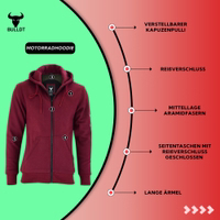 Look great and stay protected in this wine red hoodie. Features built-in protectors, breathable mesh interior, and durable aramid layer. Ideal for smart, stylish motorcycle riders.