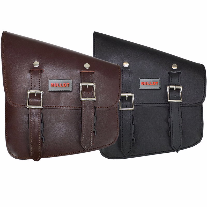 Motorcycle Solo Bag by German Wear Front right side view of black Motorcycle Solo Bag – premium laminated leather saddle bag with buckle & clip closure, adjustable buckles, and compact 30x25x8 cm size. Durable German Wear side bag.