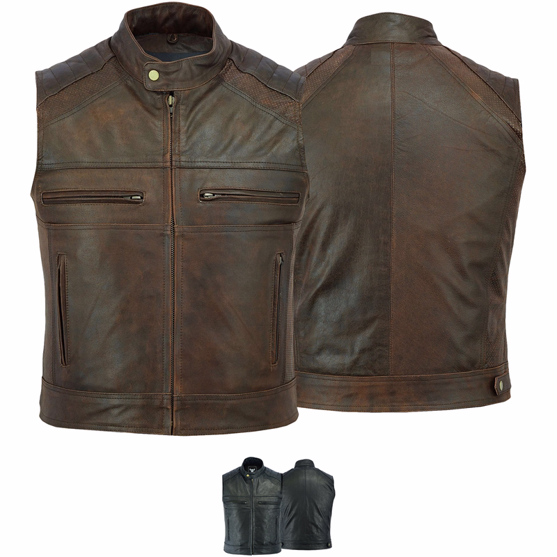 Motorcycle cowl vintage coffee racer leather vest motorcycle vest in color brown/black Front &Rear views of Vintage Brown Coffee Racer Leather Vest. Crafted from durable cowhide leather, ensures both style &functionality. Featuring multiple zippered pockets &a full front zipper closure, Level up riding experience with essential pieces BULLET