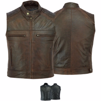 Front &Rear views of Vintage Brown Coffee Racer Leather Vest. Crafted from durable cowhide leather, ensures both style &functionality. Featuring multiple zippered pockets &a full front zipper closure, Level up riding experience with essential pieces BULLET