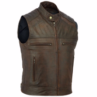Brown Genuine Leather Motorcycle Vest. Made of classic premium cowhide leather. Featuring zippered pockets &a full front zipper closure, it's designed to meet the needs of every rider. Gear up for your next adventure with an essential accessory from BULLET