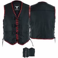 Front & back view of an approved expert-engineered genuine calfskin Leather Motorcycle Vest. Crafted for durability &comfort, it's a biker essential. Top seller premium product.