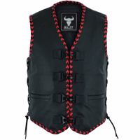 Front view of red classic Leather Motorcycle Frock Carabiner Leather Vest Biker Vest Motorcycle Vest. Stay organized on the road with multiple pockets and a secure carabiner closure. Premium quality for discerning riders. Free Delivery