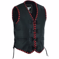 Red Leather motorbike vest in Side view. German Wear brings you the ultimate biker essential: the Leather Motorcycle Vest. Perfect for every ride, every time. It's a classic vest made with complete perfection