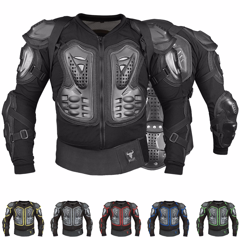 BULLDT Protective Motorcycle Jacket Front and Back view of BULLDT Protective Motorcycle Black Jacket showing durable full body armor with breathable mesh, back protector, elastic cuffs, and adjustable straps for secure fit buy online