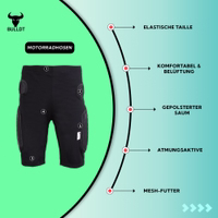 Show features view highlighting BULLDT motocross protective shorts with armor pads on knees, thighs, and hips. Breathable, lightweight, and designed for comfort and durability.