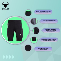Schutzhose für Motorradfahrer, kurz, vorne BULLDT Die Show präsentiert die BULLDT Motorrad-Schutzhose mit gepolstertem Schutz, atmungsaktivem Mesh und Polyester-Material. Ideal für Motocross, Skateboarding, BMX und Wintersport.