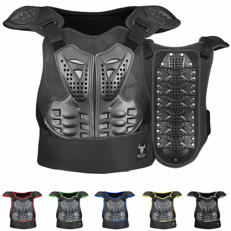 BULLDT Titan Motorcycle Protective Vest Front and back view of BULLDT Titan Motorcycle Protective Green Vest made with breathable polyester padded neck and articulated back protector for flexible comfort and safety buy online