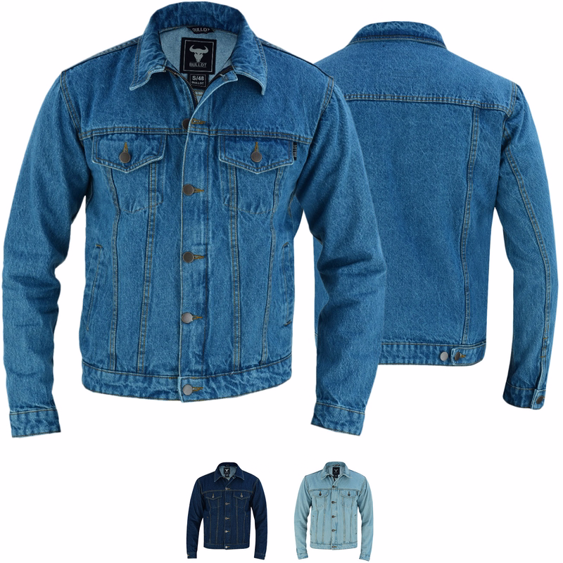 Motorcycle denim trucker and casual jacket Men's motorcycle jacket look shirt in dark blue color front and rear view, BLD312J Denim, it also features two front pockets closed with snap fasteners, Meticulously crafted from cotton fabric, and is offered in two additional underlying colors