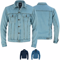 Herren-Motorradjacken-Hemd in Himmelblau – Vorder- und Rückansicht, BLD312J Denim. Mit zwei Fronttaschen, die mit Druckknöpfen verschlossen werden, sorgfältig aus Baumwollstoff gefertigt. Erhältlich in zwei weiteren Grundfarben.