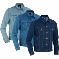 Herren-Motorradjacke in Himmelblau, Mittelblau und Dunkelblau – Vorder- und Seitenansicht, BLD312J Denim. Aus 100% Baumwoll-Denim gefertigt, mit Knopf- und Reißverschluss, mehreren Taschen und klassischem Kent-Kragen. Essentielle Ausrüstung von German Wear