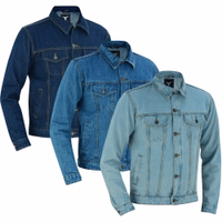 Herren-Motorradjacke in Dunkel-Himmelblau – Rückansicht, BLD312J Denim. Sorgfältig aus Baumwollstoff gefertigt, mit vollständigen Reiß- und Knopfverschlüssen.