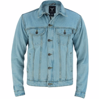 Herren-Motorradjacken-Hemd in Himmelblau – Vorderansicht, BLD312J Denim. Das Denim-Jacke ist vorne mit Knöpfen und Reißverschluss verschließbar, sorgfältig aus Baumwollstoff gefertigt.