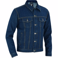Herren-Motorradjacke in Dunkelblau – Seitenansicht, BLD312J Denim. Zwei offene Seitentaschen, zwei Brusttaschen vorne sowie zwei Innentaschen links und rechts. Sorgfältig aus Baumwollstoff gefertigt. Kostenloser Versand.