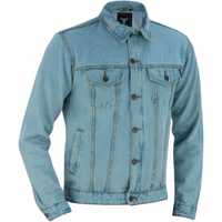 Herren-Motorradjacke in Himmelblau, Seitenansicht, BLD312J-Denim. Die Jacke verfügt über 2 offene Seitentaschen und 2 Brusttaschen vorne sowie 2 Innentaschen auf der linken und rechten Seite. Sorgfältig aus Baumwollstoff gefertigt, versandkostenfrei.