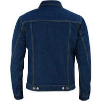 Herren-Motorradjacke in Dunkelblau – Rückansicht, BLD312J Denim. Sorgfältig aus Baumwollstoff gefertigt, mit vollständigen Reiß- und Knopfverschlüssen.