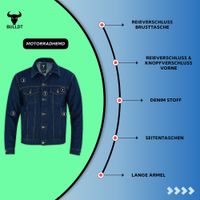 Aus reichhaltigem dunkelblauen Baumwoll-Denim gefertigt, zeigt dieses Biker-Hemd Vorder- und Rückansicht, sichere Druckknopftaschen und Knopfmanschetten. Eine kraftvolle Mischung aus Trucker-Edge und Motorrad-Design.