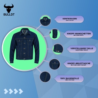 Diese dunkelblaue Motorrad-Denimjacke vereint robusten Stil mit Komfort. Hergestellt aus 100% Baumwolle, mit Reiß- und Knopfverschluss, Druckknopftaschen an der Brust und klassischem Kent-Kragen.