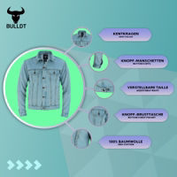 Weich in der Farbe, stark im Stil – dieses himmelblaue Denim-Motorradhemd verfügt über Druckknopftaschen an der Brust, Knopfmanschetten und 100% Baumwollgewebe mit Reiß- und Knopfverschluss.