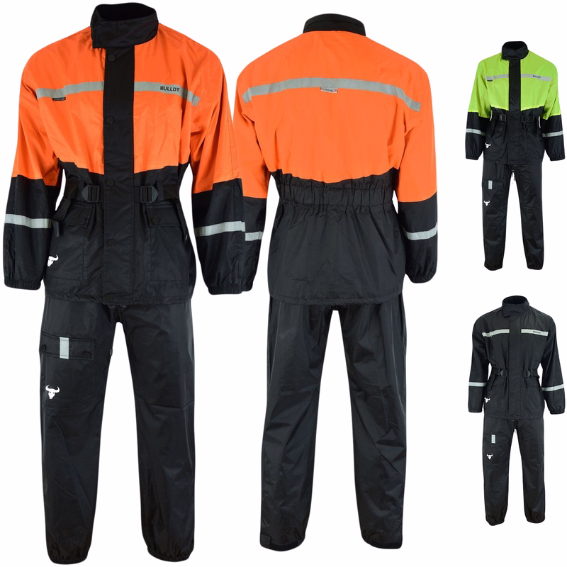 Mens Motorcycle Rain Suit Rain Jacket Rain Pants Dominate any downpour with BULLDT's Motorcycle Rain Suit The front &rear views of Black. Neon colors ensure visibility, while taped seams keep you dry and safe with reflective prints. Free Delivery