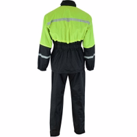 Behold the yellow rear view of top-quality yellow BULLDT Motorcycle rainsuit. It offers adjustable width at parts &sleeve hems, along with elastic waistband. Enjoy comfort with ergonomic design &convenience with 2large outer pockets sealed with press studs