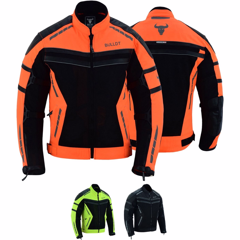 BULLDT Motorradjacke Sommer Tech Mesh Jacke Schwarz, Neon Money & Neon Oragen Cordura Herren-Sommer-Motorradjacke BLD325K in Neon-Gelb, Vorder- & Rückansicht. Ausgestattet mit Protektoren an Armen, Schultern & Rücken sowie zwei Seitentaschen. Erhältlich zudem in zwei weiteren Unterfarben – für Sicherheit & Stil.